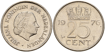 Нидерланды 25 центов 1976 Юлиана (1949-1980) KM 183 никель    4598-516