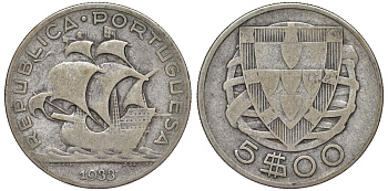 Португалия 5 эскудо 1933 KM 581 серебро 4178-651