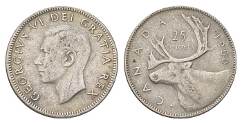 Канада 25 центов 1950 Георг VI (1936-1952), олень KM 44 серебро 4622-821