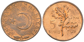 Турция 5 курушей 1974 KM 890.3 бронза 4576-711