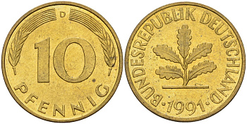 ФРГ 10 пфеннигов 1991 D KM 108, J. 383 сталь плакированная латунью 4175-814