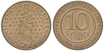 Франция 10 франков 1987 1000 лет первому королю Франции Гуго Капету KM 961 d, Le Franc 371.2 никелированная бронза 4123-641