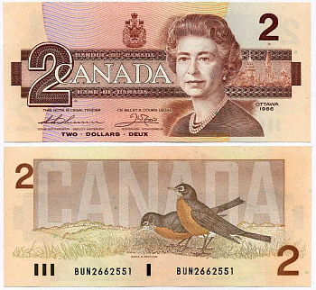 КАНАДА 2 ДОЛЛАРА 1986 ЕЛИЗАВЕТА II, ЗДАНИЕ ПАРЛАМЕНТА, ПОДПИСЬ THIESSEN-CROW Pick 94b бумага 7375-26-2-2