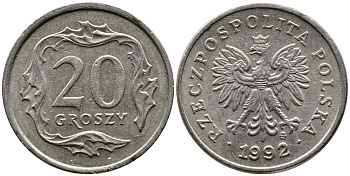 ПОЛЬША 20 ГРОШЕЙ 1992 MW KM 280 медно-никель 4387-648