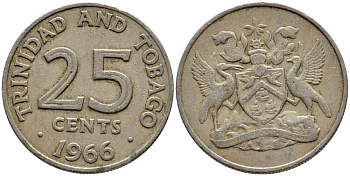 Тринидад и Тобаго 25 центов 1966 герб KM 4 медно-никель 4396-627