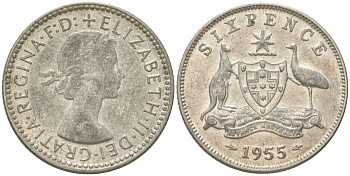 Австралия 6 пенсов 1955 Елизавета II (1952-2022) KM 58 серебро 4623-247