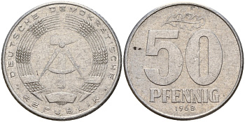 ГДР 50 пфеннигов 1968 A KM 12.2 алюминий 113-441