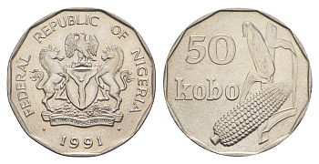Нигерия 50 кобо 1991 год-тип KM 13.1 сталь плакированная никелем UNC 4654-357