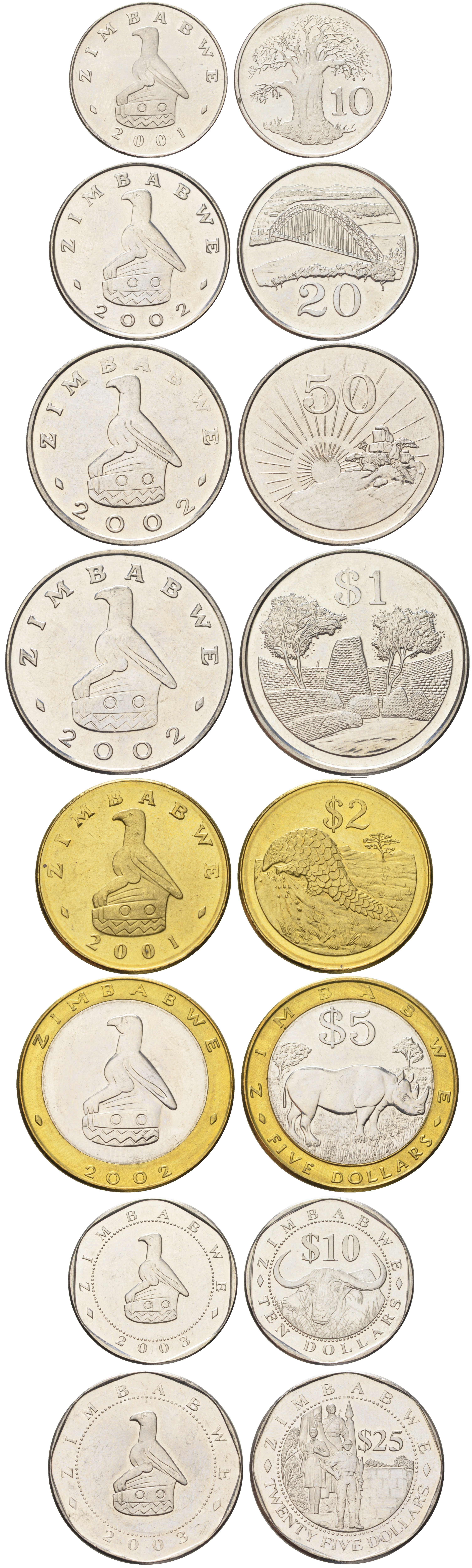 Зимбабве набор из 8 монет (10, 20 и 50 центов; 1, 2, 5, 10 и 25 долларов) 2001, 2002 и 2003 KM 3a, 4a, 5a, 6a, 12a, 13, 14 и 15 4675-1151-1157