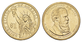 США 1 доллар 2011 P, Президент США - Ратерфорд Хейз (1877-1881) KM 501 медь с марганцево-латунным покрытием UNC 4629-312