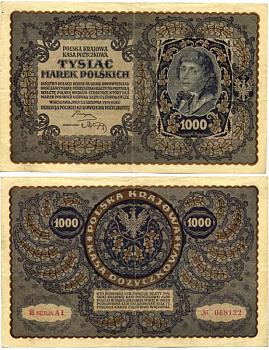 ПОЛЬША 1000 МАРОК 1919 23 АВГУСТА 1919, ТРЕТИЙ ВЫПУСК, ТАДЕУШ КОСТЮШКО, III SERIA AI Pick 29 бумага 6262-6-1-1