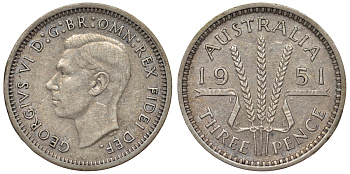 Австралия 3 пенса 1951 PL, Георг VI (1937-1952) KM 44 серебро 71-151