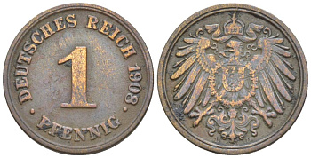 ГЕРМАНИЯ 1 ПФЕННИГ 1908 D KM 10, Jager. 10, Weege 2 медь 4528-1248