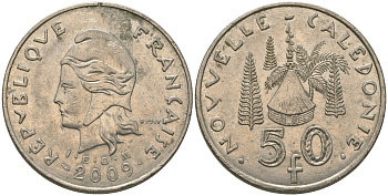 Французская Новая Каледония 50 франков 2009 хижина среди сосен и пальм, (IEOM) KM 13a, Schoen 15a, Lec 128i медно-никель 115-941