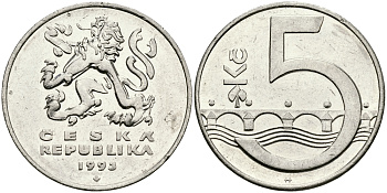 Чехия 5 крон 1993 чешский лев, Карлов мост KM 8 сталь плакированная никелем 540-751