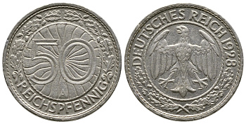 Германия 50 рейхспфеннигов 1928 A KM 49, J. 324 никель 4380-415