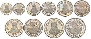 Никарагуа набор из 5 монет в оригинальной коробке 1972 5, 10, 25 и 50 сентаво и 1 кордоба, в оригинальной коробке с сертификатом KM PS4 медно-никель  PROOF  1-5-2-57