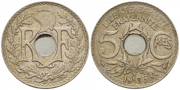 ФРАНЦИЯ 5 САНТИМОВ 1936 ТИП ЛИНДАЙЁ KM 875 медно-никель 3309-1024