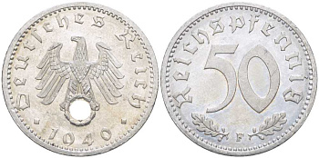 ГЕРМАНИЯ 50 РЕЙХСПФЕННИГОВ 1940 F KM 96, J.372 алюминий 202-652