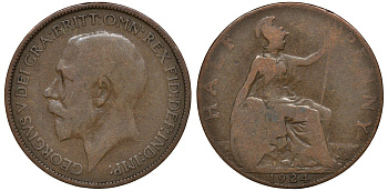 Великобритания 1/2 пенни 1924 Георг V (1910-1936) KM 809, Spink 4056 бронза 4163-541