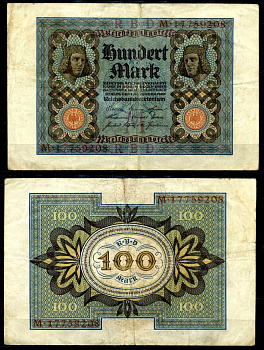 Германия 100 марок 1920 Бамбергский всадник, 8 цифр в номере, серия M, буква M Pick 69 b, Розенберг 67b  бумага   8617-11-2-1