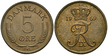 Дания 5 эре 1969 C; S, Фредерик IX (1947-1972) KM 848 бронза 4138-842