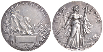 Франция медаль 1910 честь и отечество, прогресс и слава, труд, 53,70 гр, 50 мм, гравер Lamaire  посеребренная бронза  11-324-14