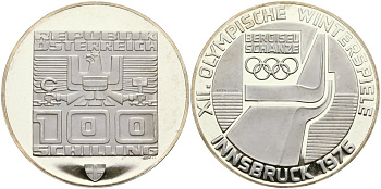 Австрия 100 шиллингов 1976 XII зимние Олимпийские игры в Инсбруке, лыжный трамплин KM 2929 серебро PROOF 02-118-14