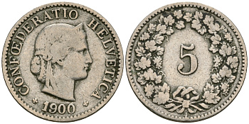 Швейцария 5 раппенов 1900 В KM 26 медно-никель 4608-1015