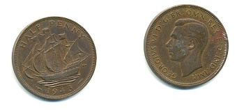 Великобритания 1/2 пенни 1943 Георг VI (1936-1952) KM 844, Spink 4115 бронза 59-1022