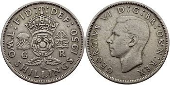 Великобритания 2 шиллинга (флорин) 1950 Георг VI (1936-1952) KM 878, Spink 4107 медно-никель 83-1246