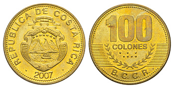 Коста-Рика 100 колонов 2007 KM 240a сталь плакированная латунью UNC 4631-921