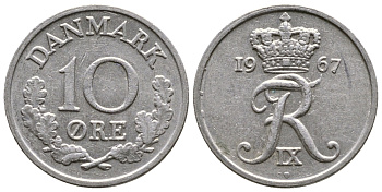 Дания 10 эре 1967 C; S, Фредерик IX (1947-1972) KM 849.1 медно-никель 26-922