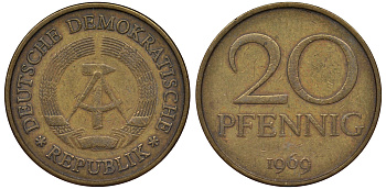 ГДР 20 пфеннигов 1969 А, первый год KM 11 латунь 62-951