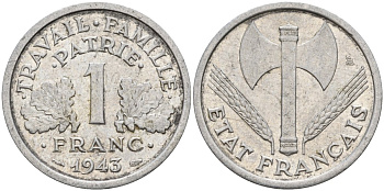 Франция 1 франк 1943 LB, тип Lourde, правительство Виши KM 902.1 алюминий 4142-935