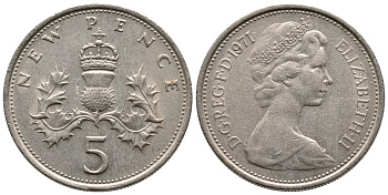 Великобритания 5 пенсов 1971 Елизавета II (1952-2022) KM 911, Spink 4233 (D1) медно-никель 87-823