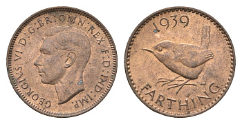 Великобритания 1 фартинг 1939 Георг VI (1936-1952) KM 843, Spink 4116 бронза aUNC 4664-328