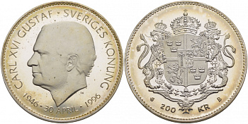 Швеция 200 крон 1996 Карл XVI Густав (1973- ), 50 лет королю Карлу XVI Густаву KM 888 серебро PROOFLIKE 1085-3-43