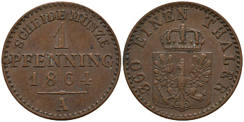 Пруссия 1 пфенниг 1864 А, Вильгельм I (1861-1888) KM 480 медь 4532-438