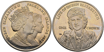 Фолклендские острова 1 крона 2012 PM, жизнь королевы Елизаветы II - Елизавета II как медсестра второй мировой войны, Елизавета II (1952-2022) KM 166 медно-никель 4558-235