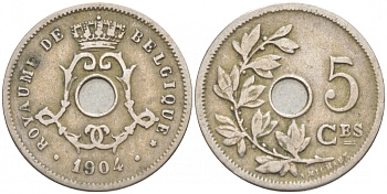 БЕЛЬГИЯ 5 САНТИМОВ 1904 BELGIQUE KM 54 медно-никель 100-511