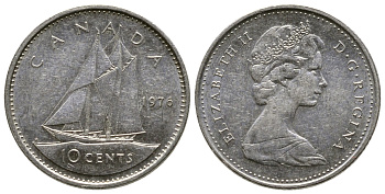 Канада 10 центов 1976 Елизавета II (1952-2022), парусник KM 77.1 никель 179-1065