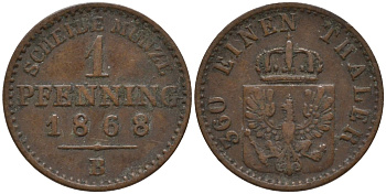 Пруссия 1 пфенниг 1868 В, Вильгельм I (1861-1888) KM 480 медь 4532-631