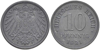 ГЕРМАНИЯ 10 ПФЕННИГОВ 1921 (1917-1922) KM 26, J. 299, Weege 8 цинк 210-257