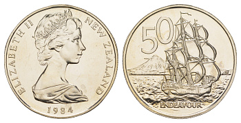 Новая Зеландия 50 центов 1984 Елизавета II (1952-2022), парусник Индевор, тираж 25.000 экземпляров KM 37 медно-никель BU 189-1121