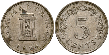 Мальта 5 центов 1976 Ритуальный алтарь в храме Хаджар-Ким KM 10 медно-никель 4156-221