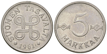 Финляндия 5 марок 1961 KM 37a железо плакированная никелем 4169-448