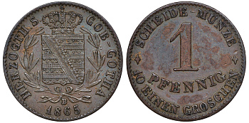 Саксен-Кобург-Гота 1 пфенниг 1865 B, Эрнст II (1844-1893) KM 136, Jaeger 276, AKS 114 медь    413-6714