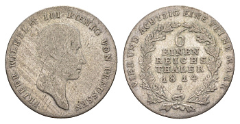 Пруссия 1/6 рейхсталера 1814 A, Фридрих Вильгельм III (1797-1840) KM 385 серебро 4619-241