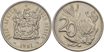ЮАР 20 ЦЕНТОВ 1981 ГЕРБ, ЦВЕТОК ПРОТЕЯ KM 85 никель 67-453